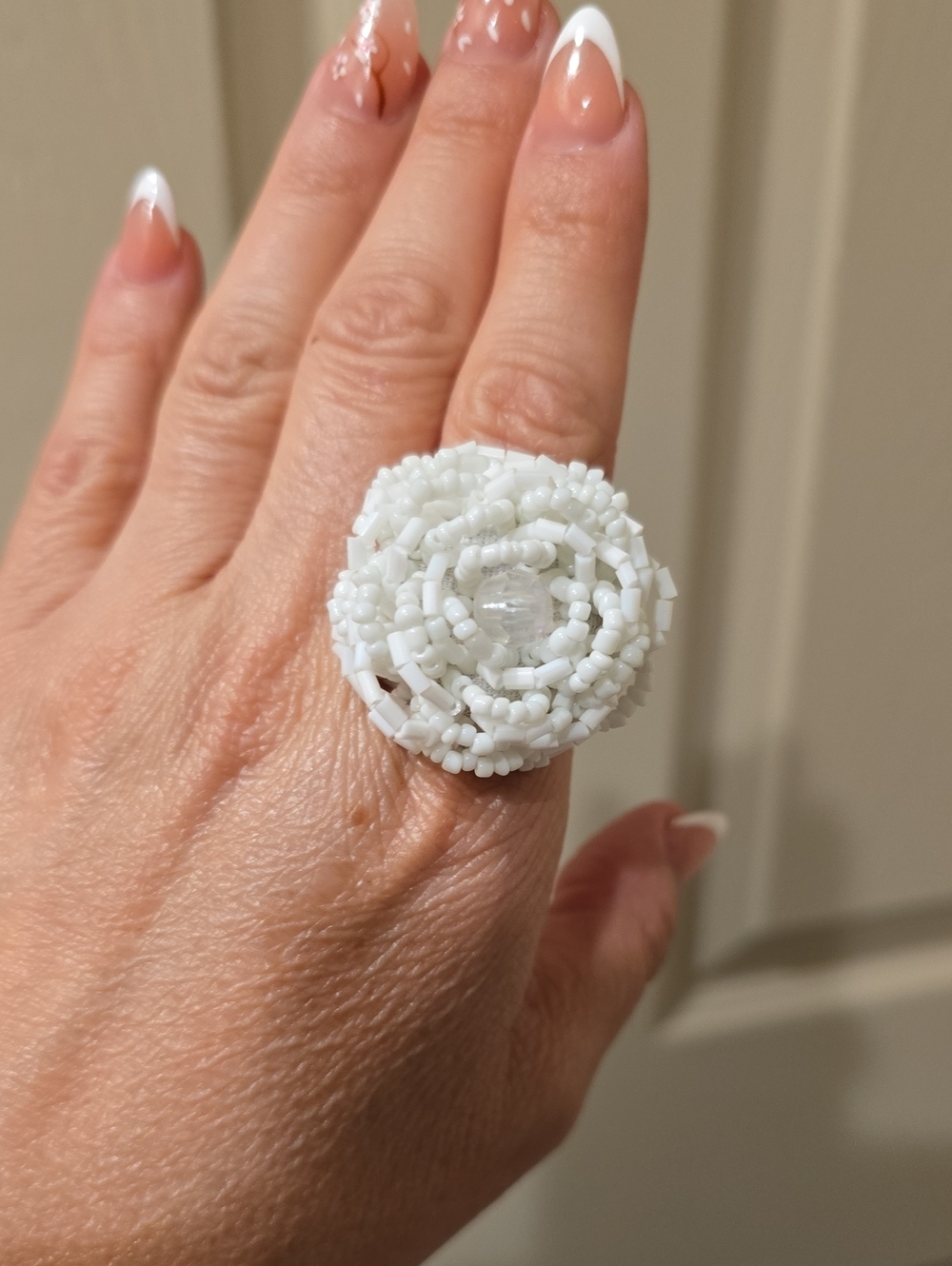 White Beaded Flower Statement Ring - Women's Fashion